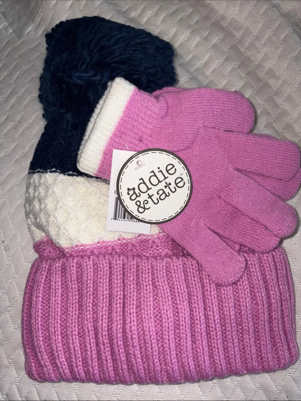 Addie & Tate Pink Colorblock Beanie & Gloves Set